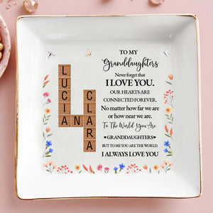 To My Granddaughters, Forever Connected Hearts With Flowers - Personalized Custom Jewelry Dish - GDT073_SCRD
