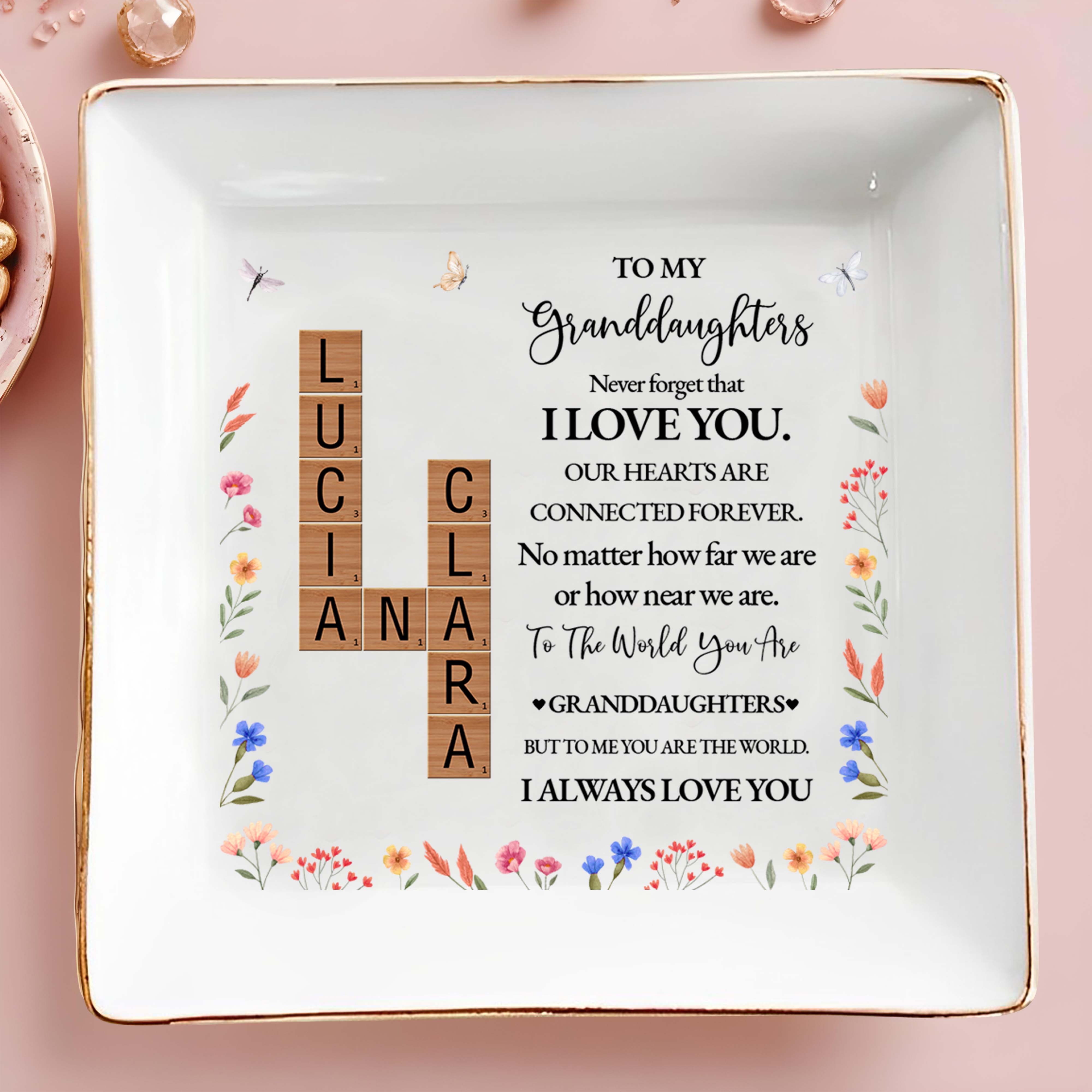 To My Granddaughters, Forever Connected Hearts With Flowers - Personalized Custom Jewelry Dish - GDT073_SCRD