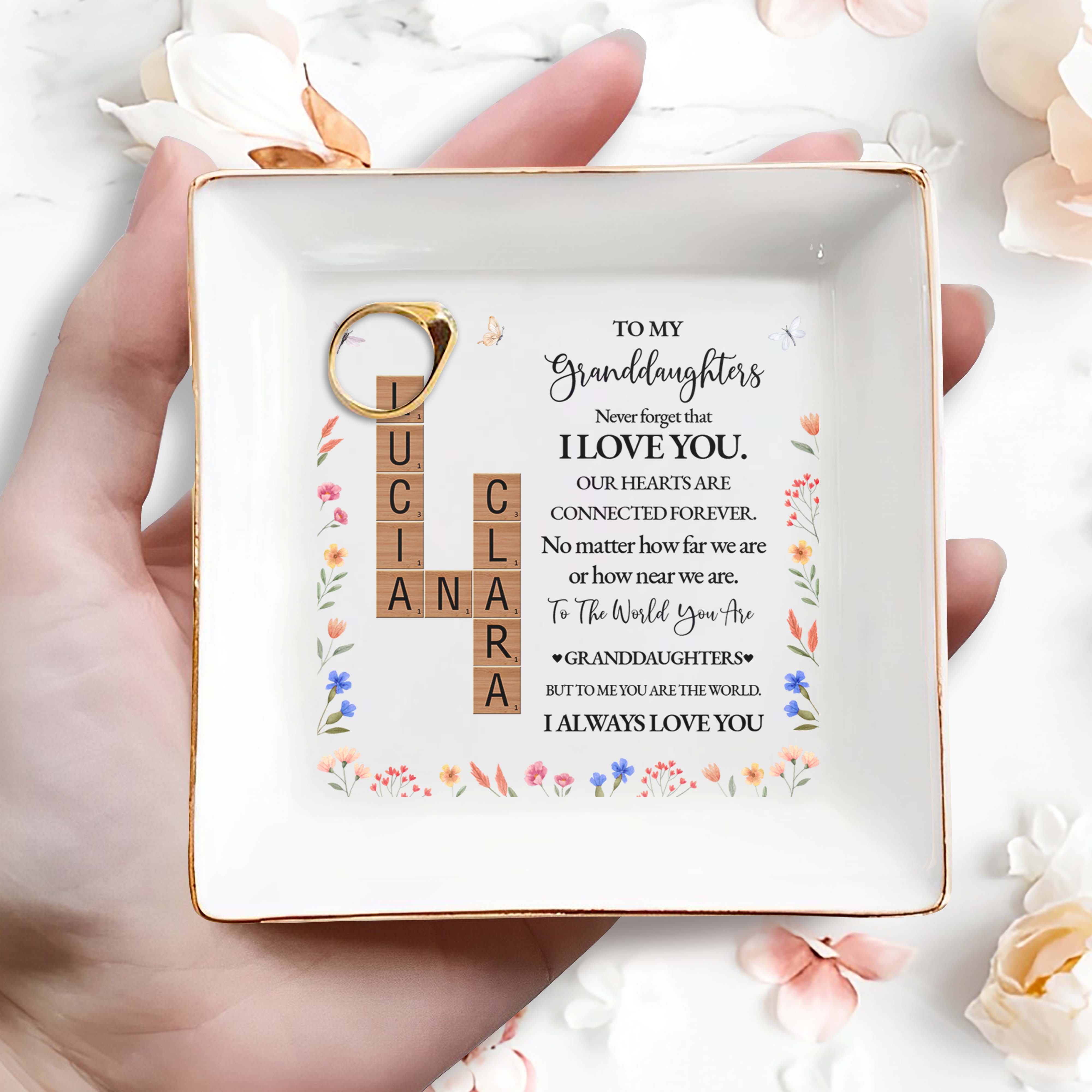To My Granddaughters, Forever Connected Hearts With Flowers - Personalized Custom Jewelry Dish - GDT073_SCRD
