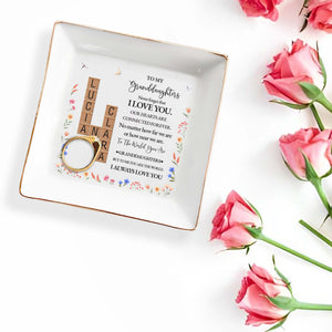 To My Granddaughters, Forever Connected Hearts With Flowers - Personalized Custom Jewelry Dish - GDT073_SCRD