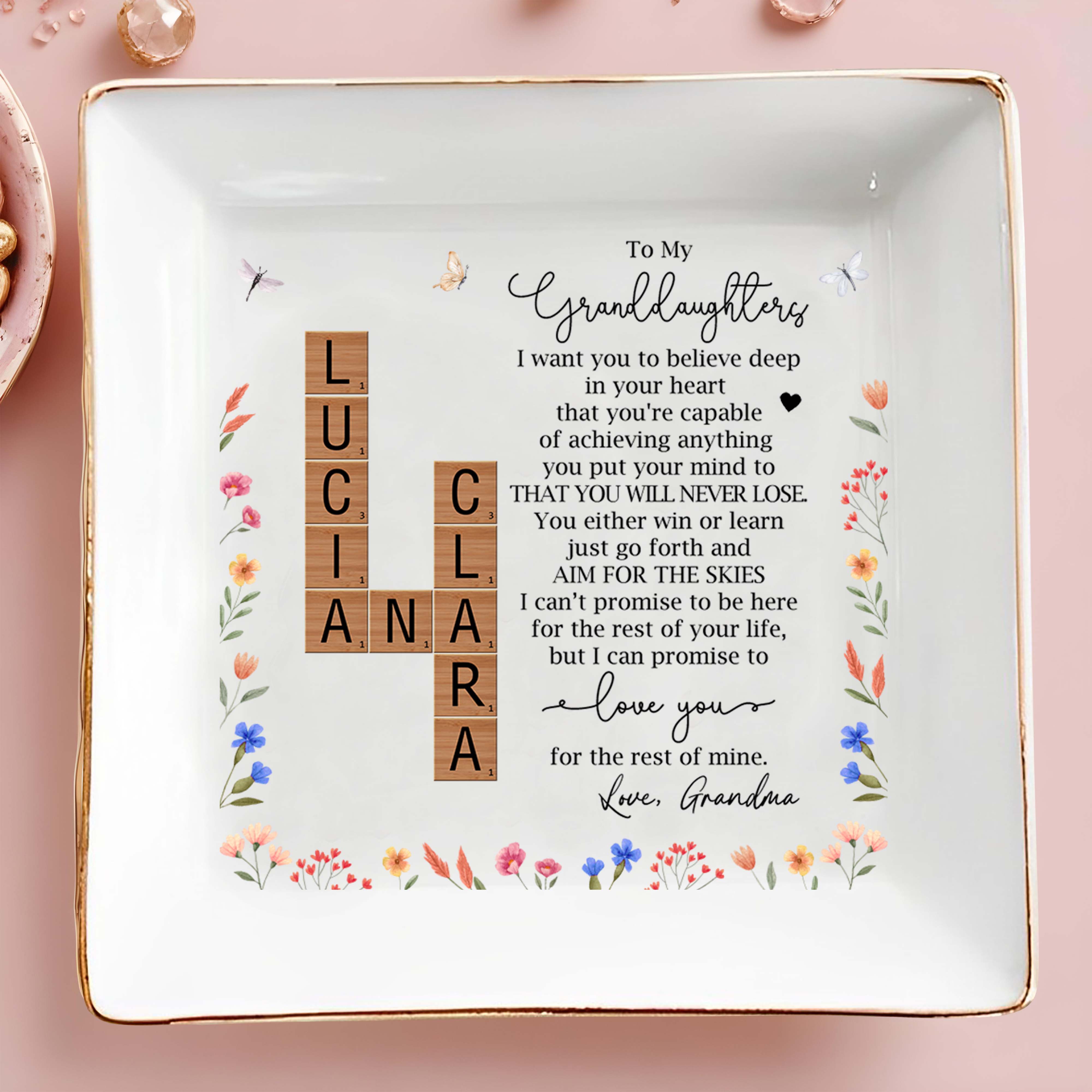 Inspirational Message for Granddaughter with Floral Design - Personalized Custom Jewelry Dish - GDT074_SCRD
