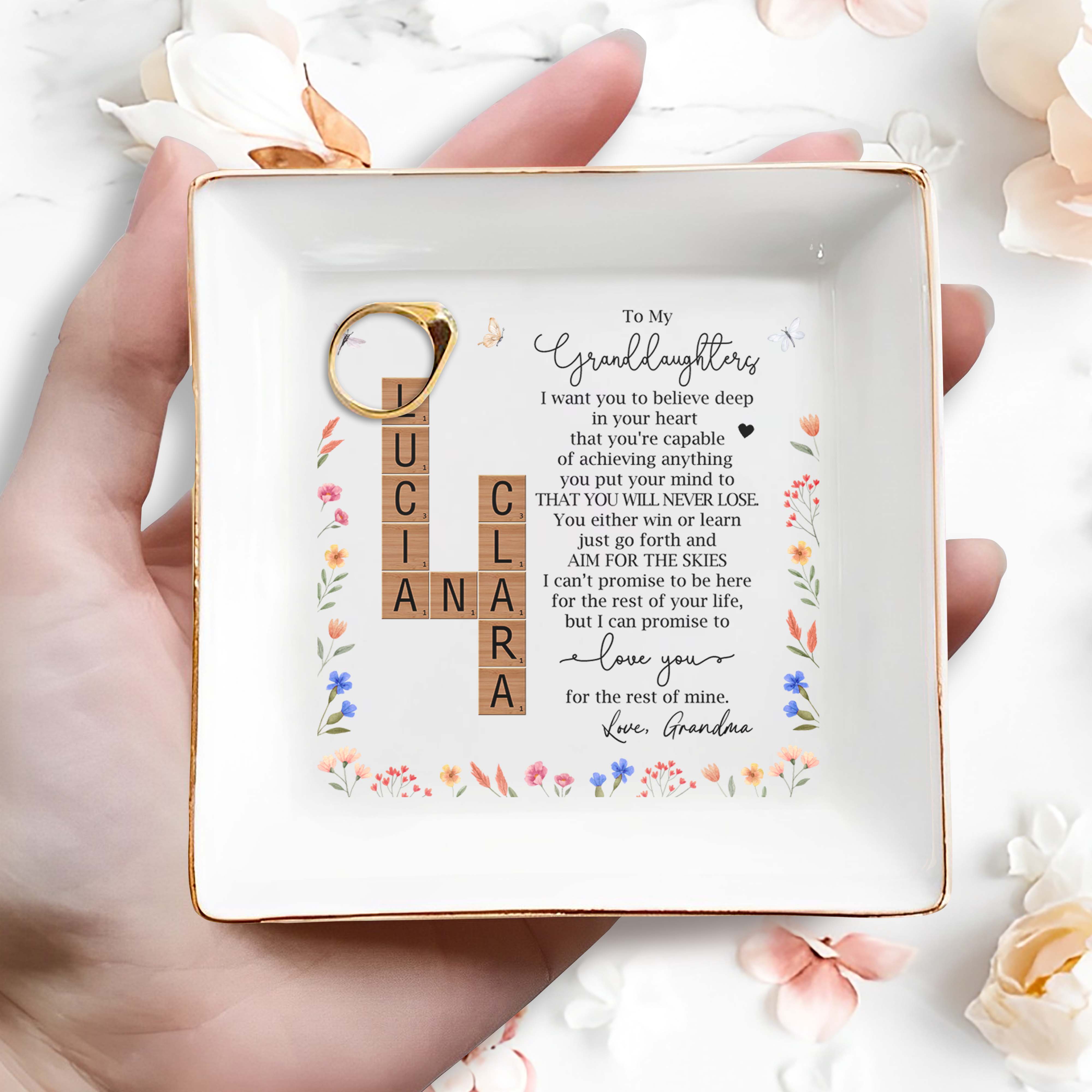 Inspirational Message for Granddaughter with Floral Design - Personalized Custom Jewelry Dish - GDT074_SCRD