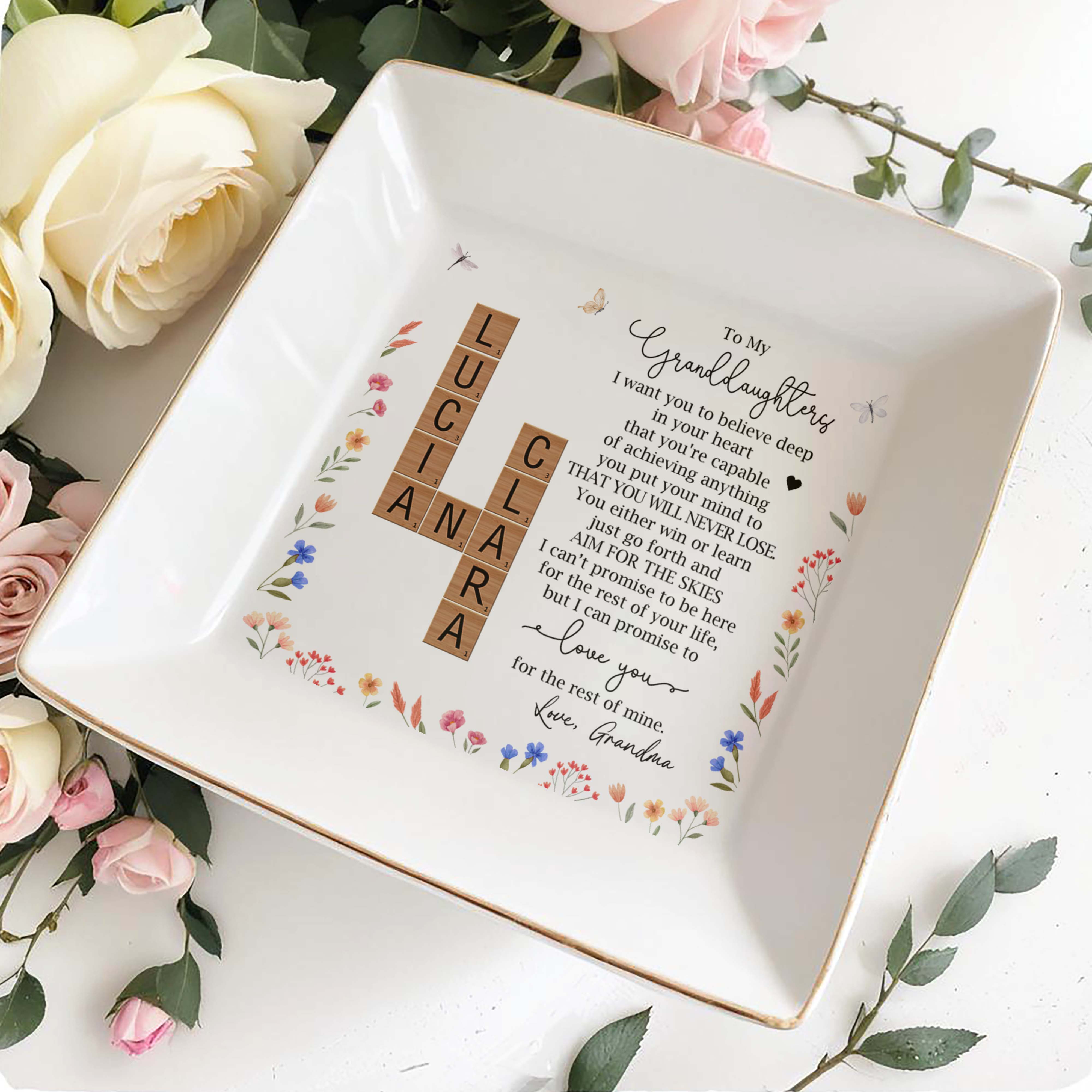 Inspirational Message for Granddaughter with Floral Design - Personalized Custom Jewelry Dish - GDT074_SCRD
