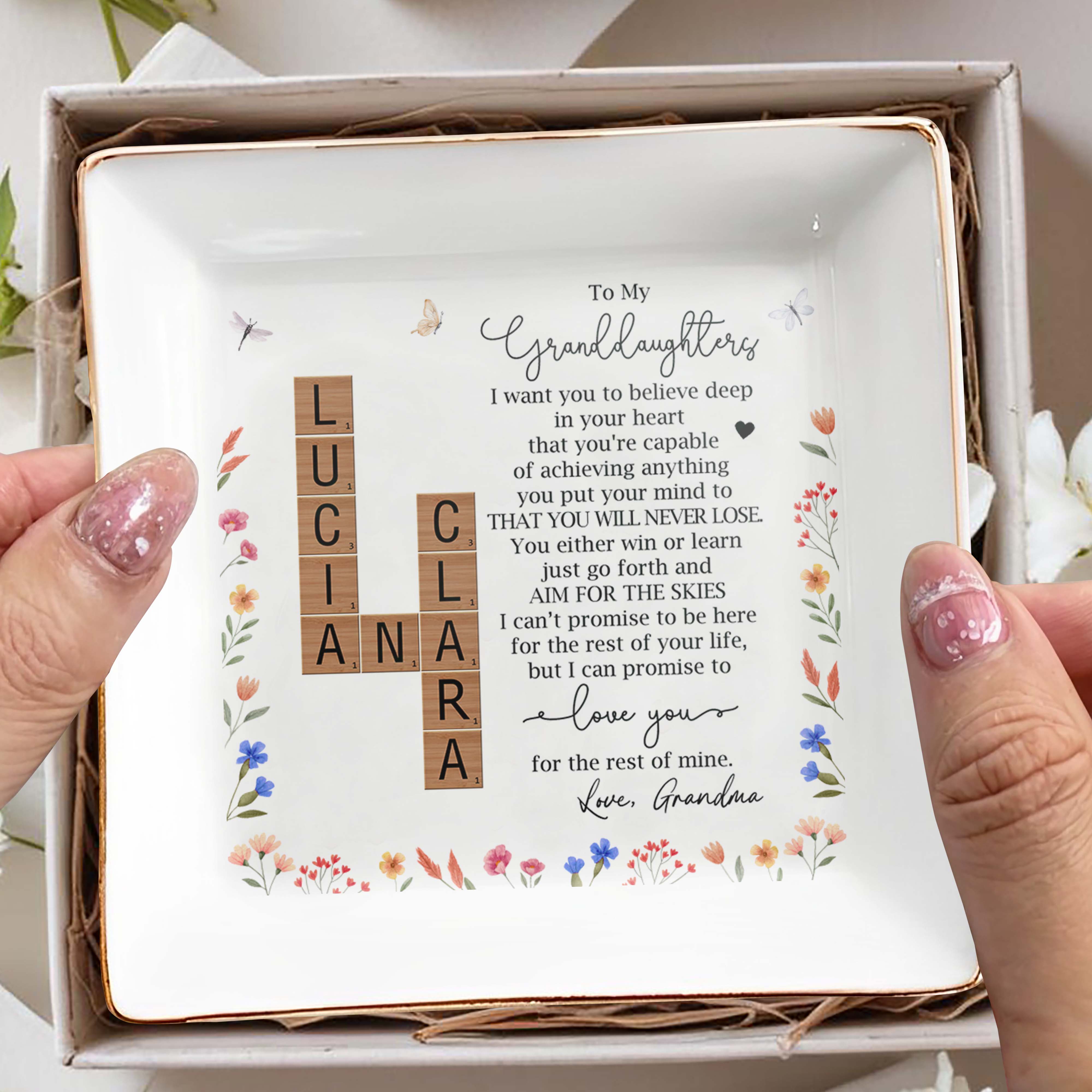 Inspirational Message for Granddaughter with Floral Design - Personalized Custom Jewelry Dish - GDT074_SCRD