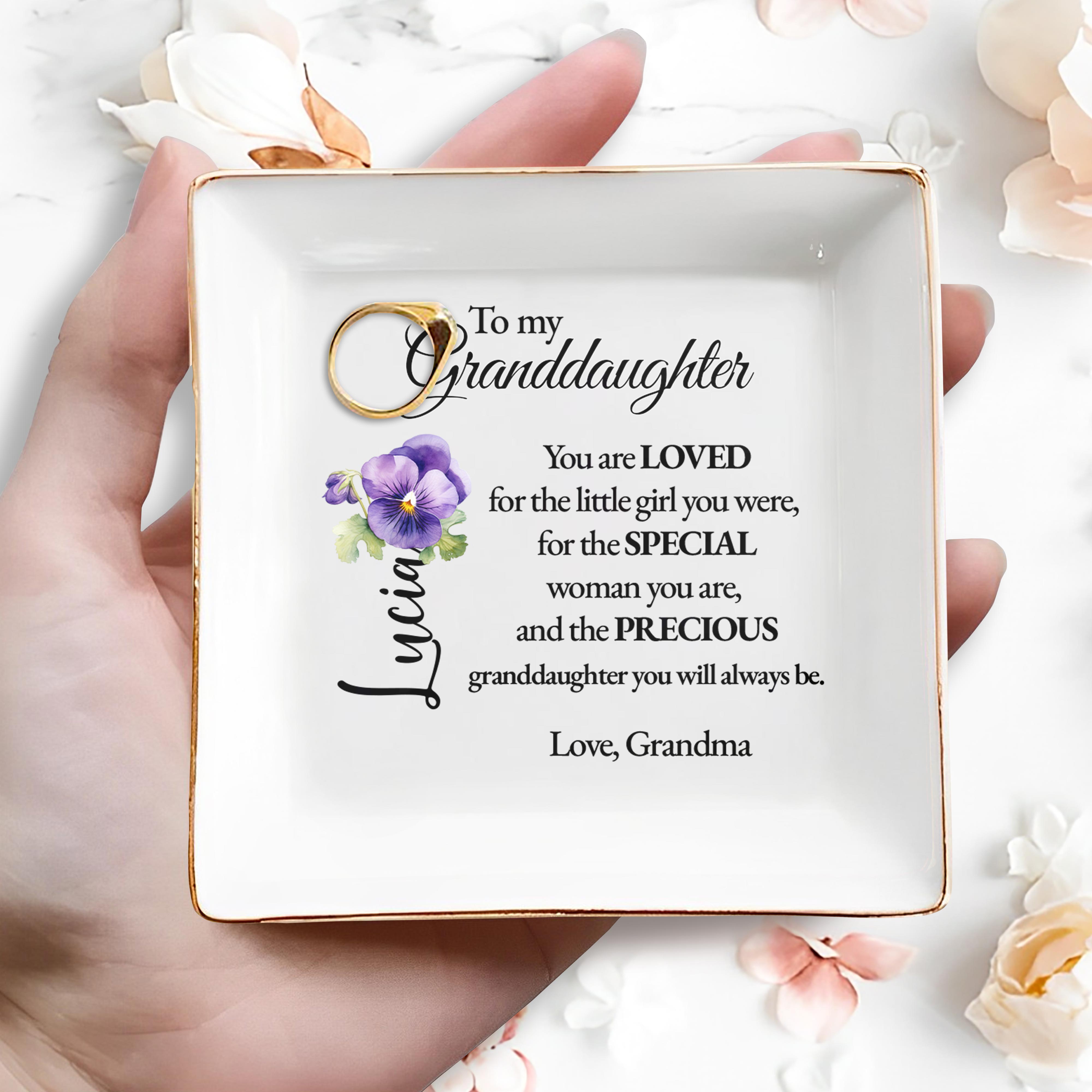 To My Granddaughter Special Love Pansy Flower Design - Personalized Custom Jewelry Dish - GDT087_SCRD