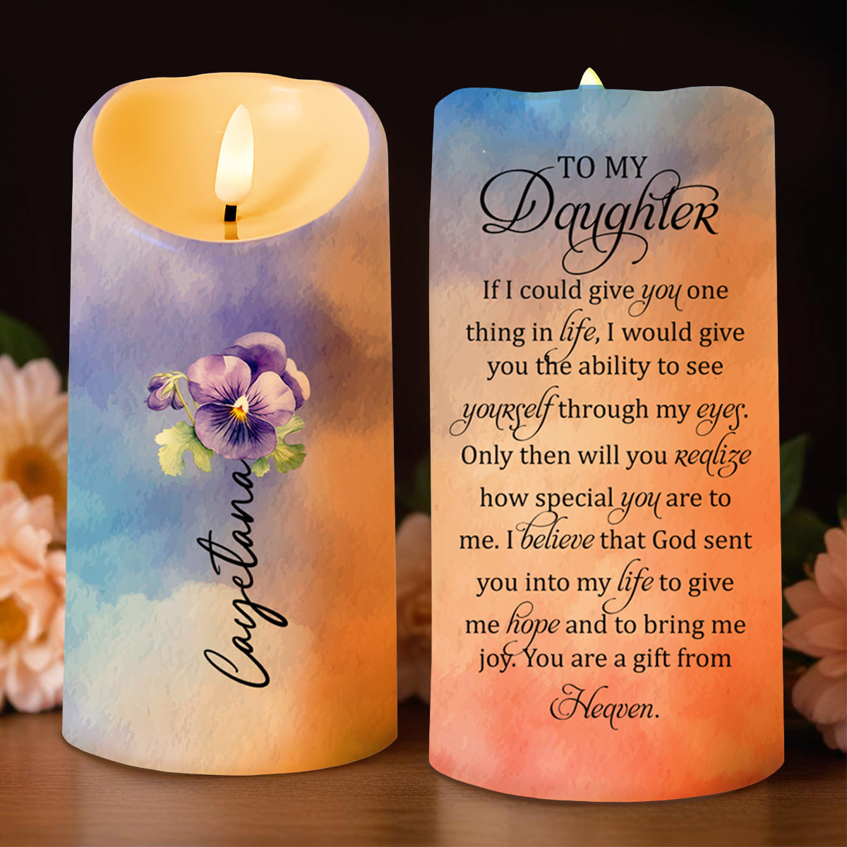 Gift From Heaven Pansy Flower, Custom Decorative Message - Personalized Custom LED Candle - GDT101_LECA