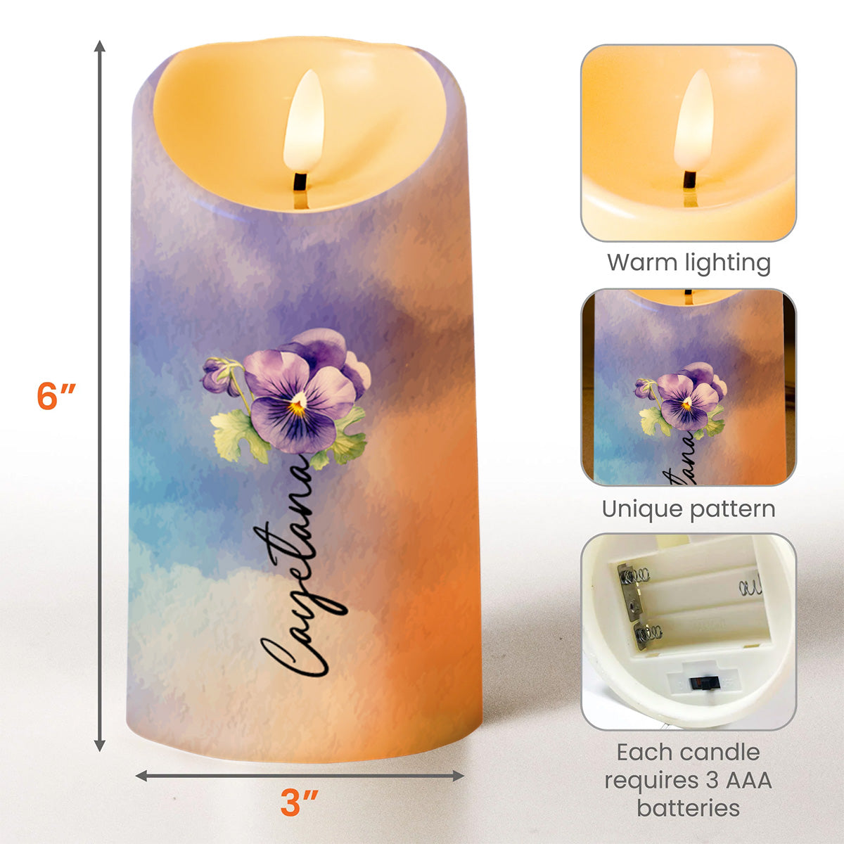 Gift From Heaven Pansy Flower, Custom Decorative Message - Personalized Custom LED Candle - GDT101_LECA