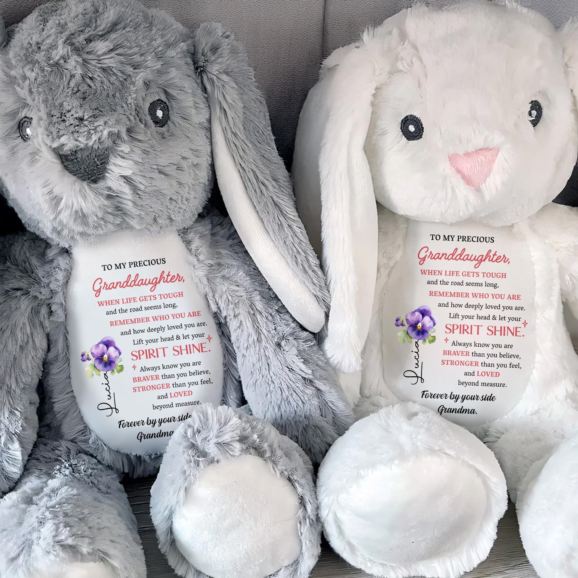 To My Precious Granddaughter, When Life Gets Tough And The Road Seems Long, Remember Who You Are, Bunny and Flowers - Personalized Stuffed Bunny - GDT102_BUN