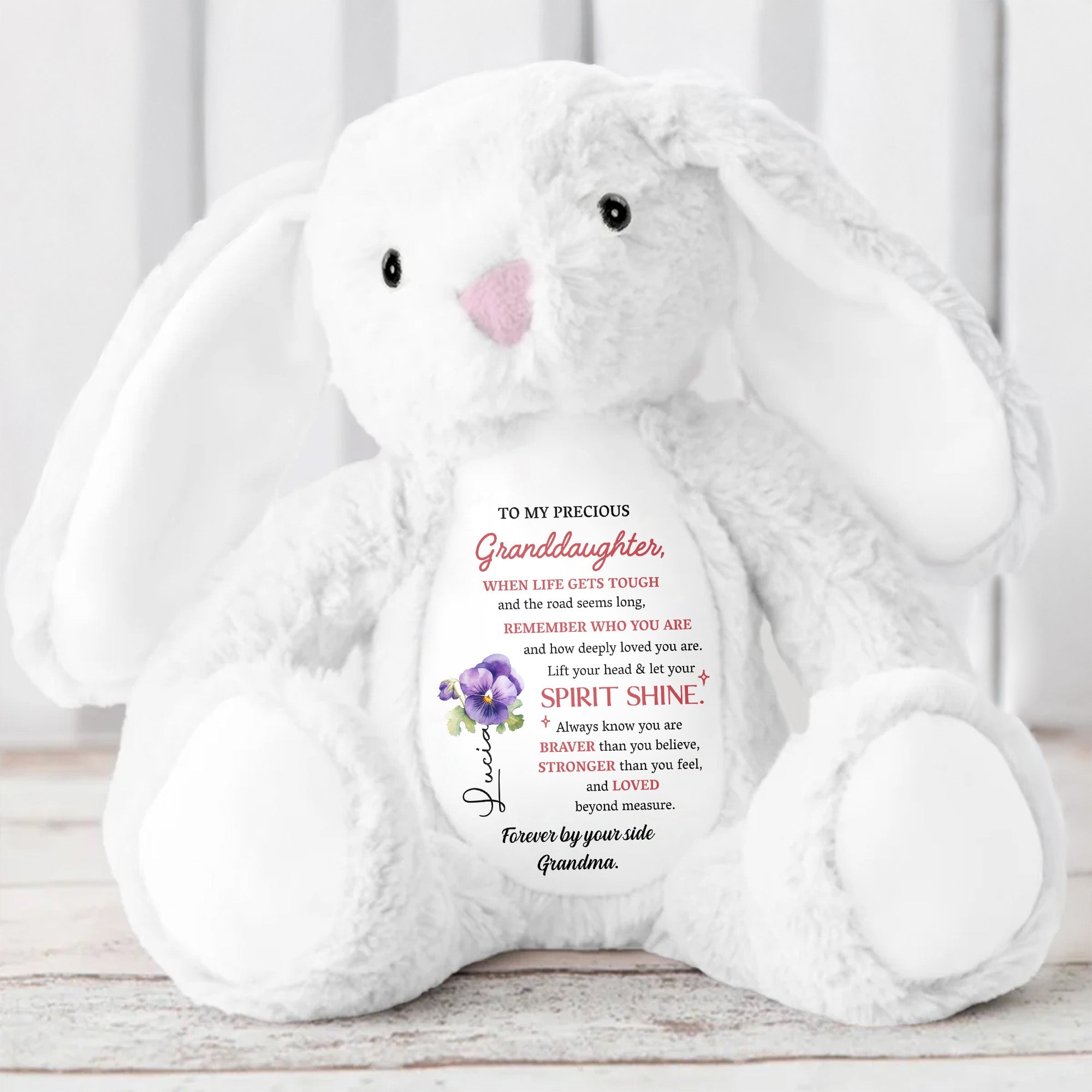 To My Precious Granddaughter, When Life Gets Tough And The Road Seems Long, Remember Who You Are, Bunny and Flowers - Personalized Stuffed Bunny - GDT102_BUN