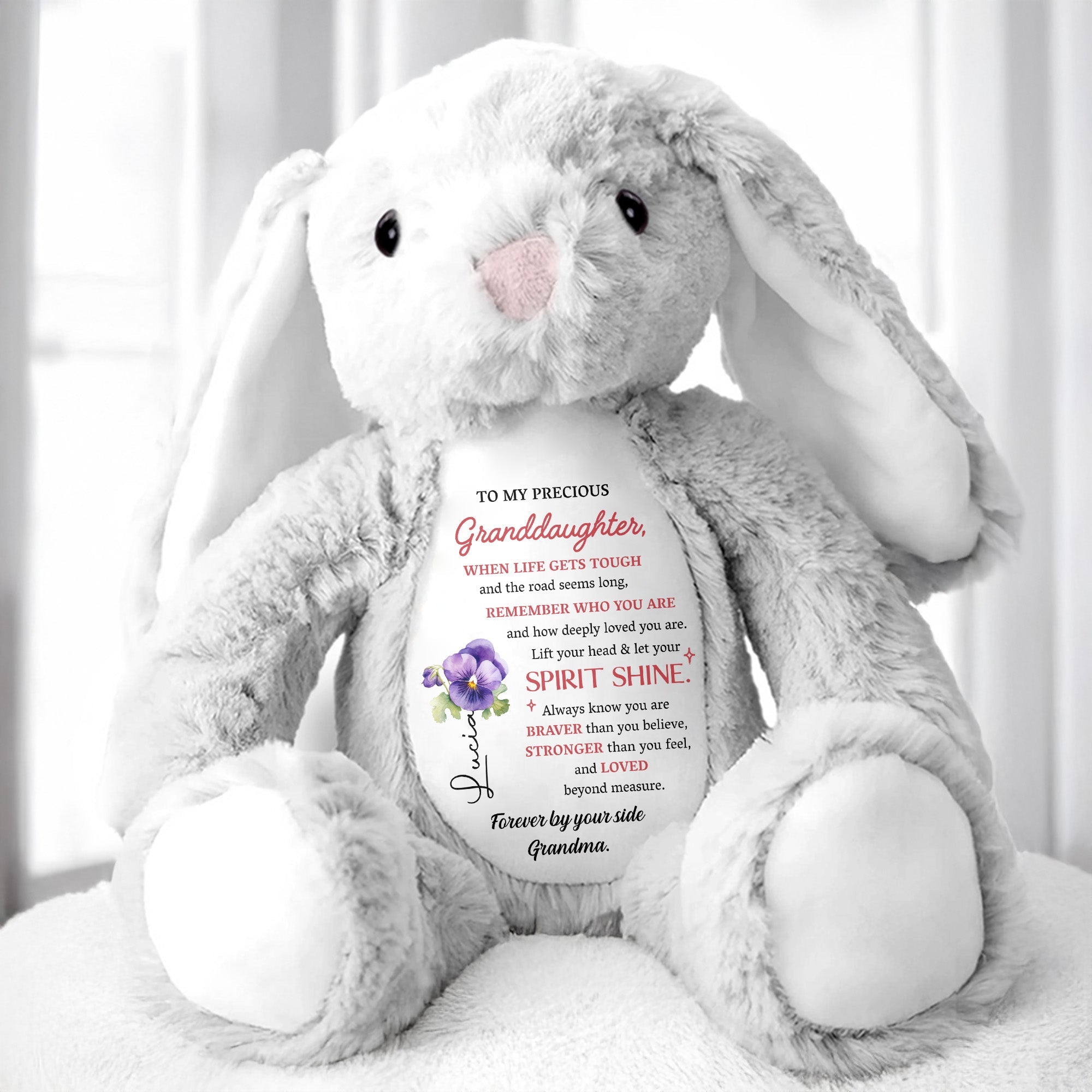 To My Precious Granddaughter, When Life Gets Tough And The Road Seems Long, Remember Who You Are, Bunny and Flowers - Personalized Stuffed Bunny - GDT102_BUN