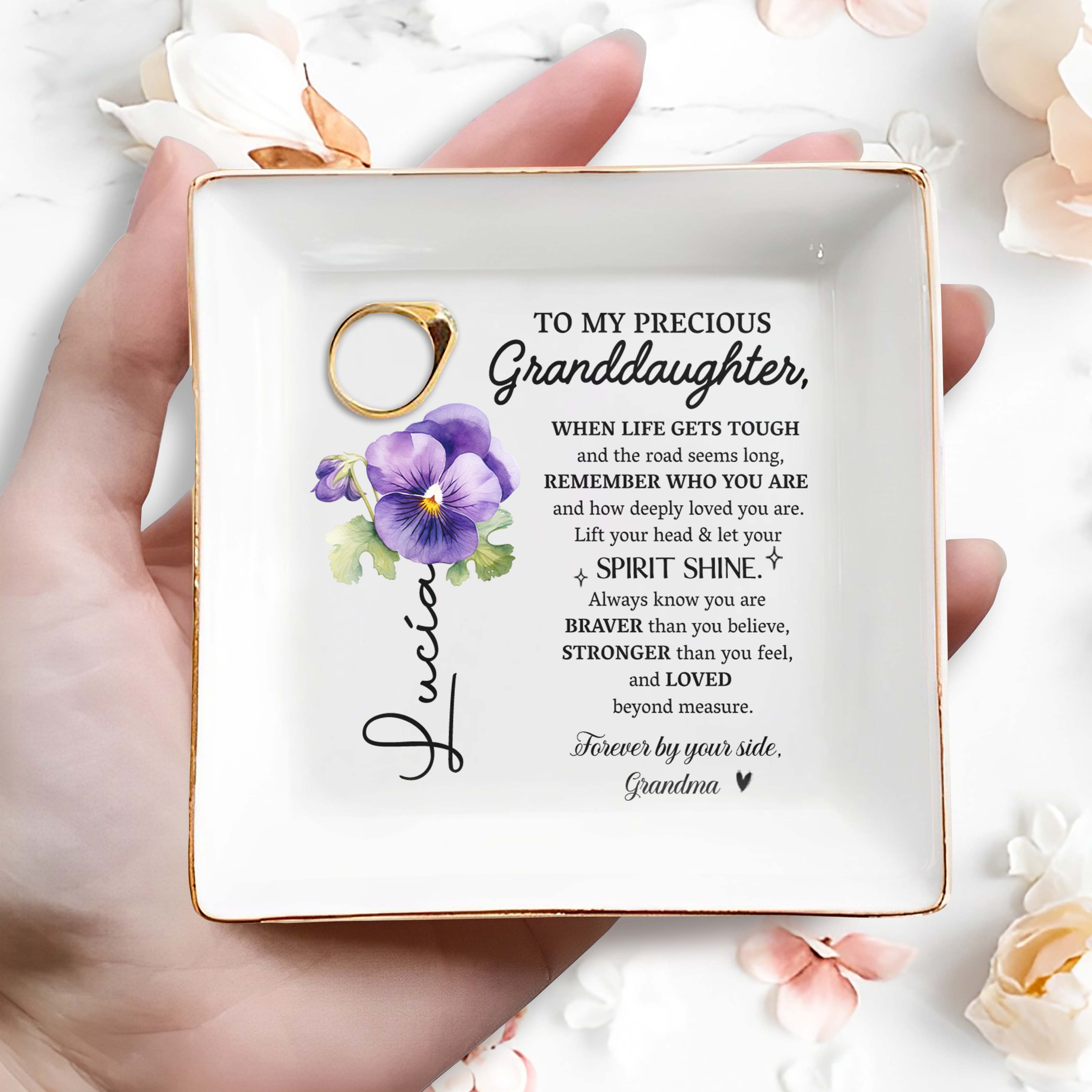 Precious Granddaughter, Remember Who You Are With Pansy Flower - Personalized Custom Jewelry Dish - GDT102_SCRD