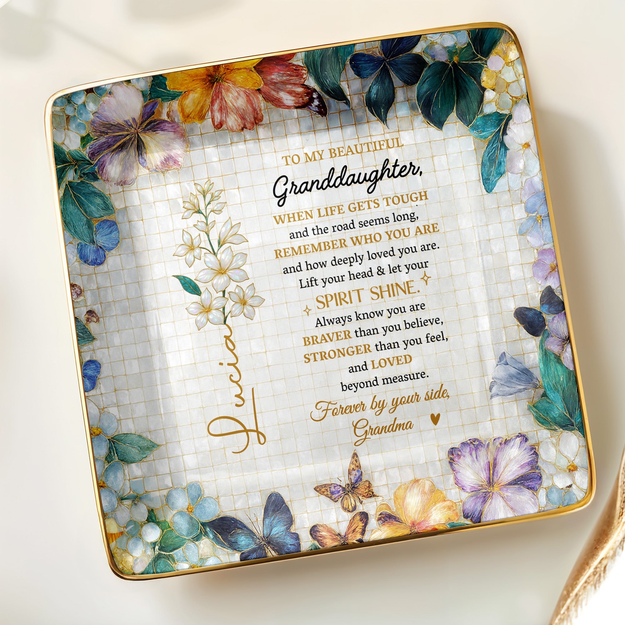 To My Beautiful Granddaughter, Flowers And Butterflies - Personalized Custom Jewelry Dish, Ceramic Dish, Square Shape - GDT102_SCRF