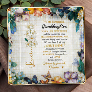 To My Beautiful Granddaughter, Flowers And Butterflies - Personalized Custom Jewelry Dish, Ceramic Dish, Square Shape - GDT102_SCRF