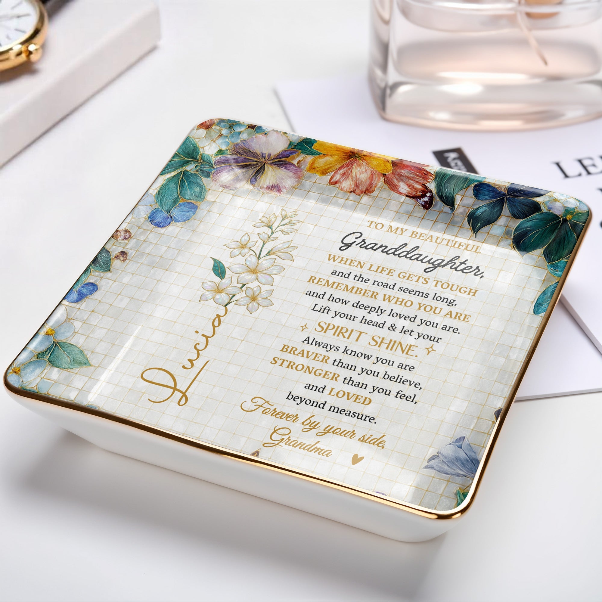 To My Beautiful Granddaughter, Flowers And Butterflies - Personalized Custom Jewelry Dish, Ceramic Dish, Square Shape - GDT102_SCRF