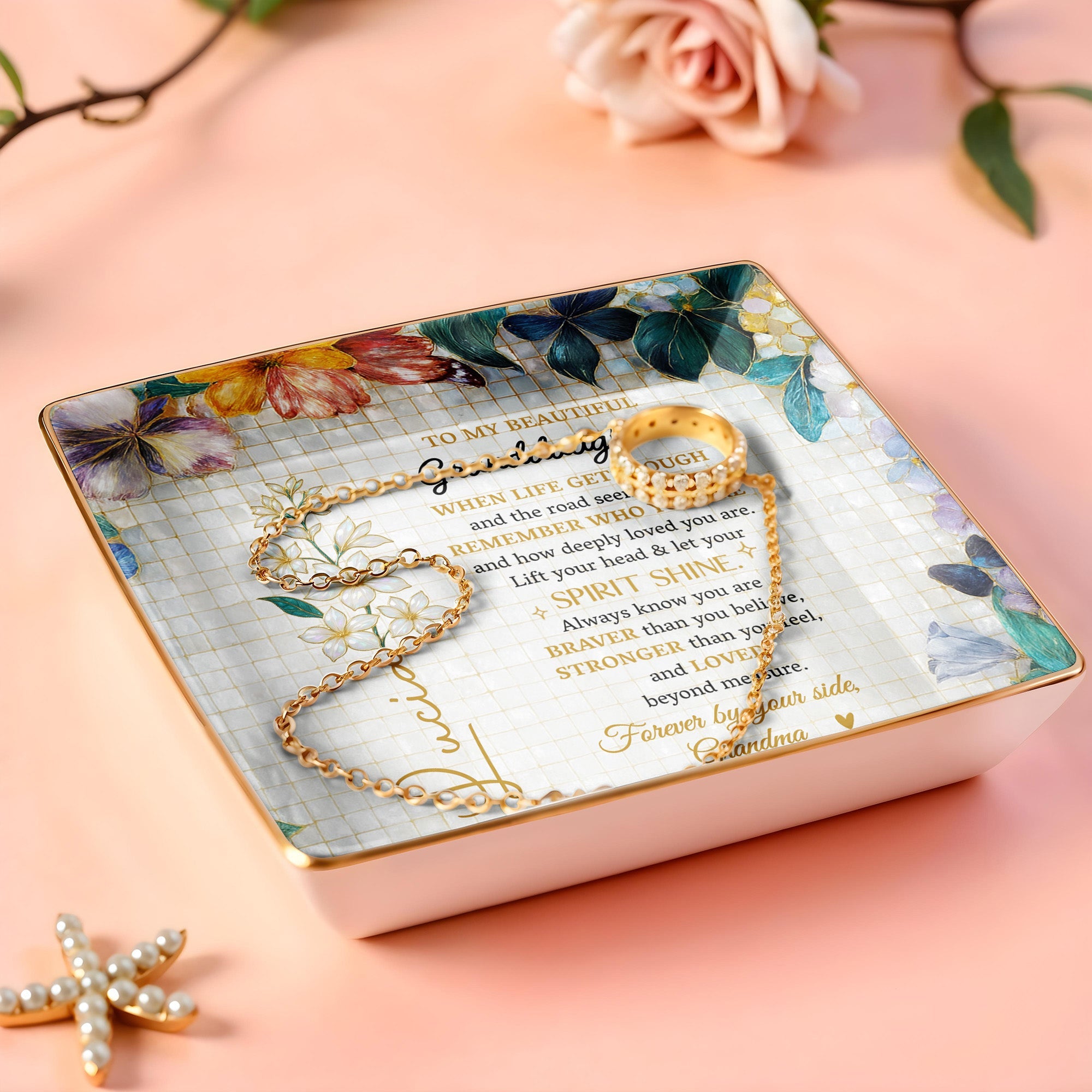 To My Beautiful Granddaughter, Flowers And Butterflies - Personalized Custom Jewelry Dish, Ceramic Dish, Square Shape - GDT102_SCRF