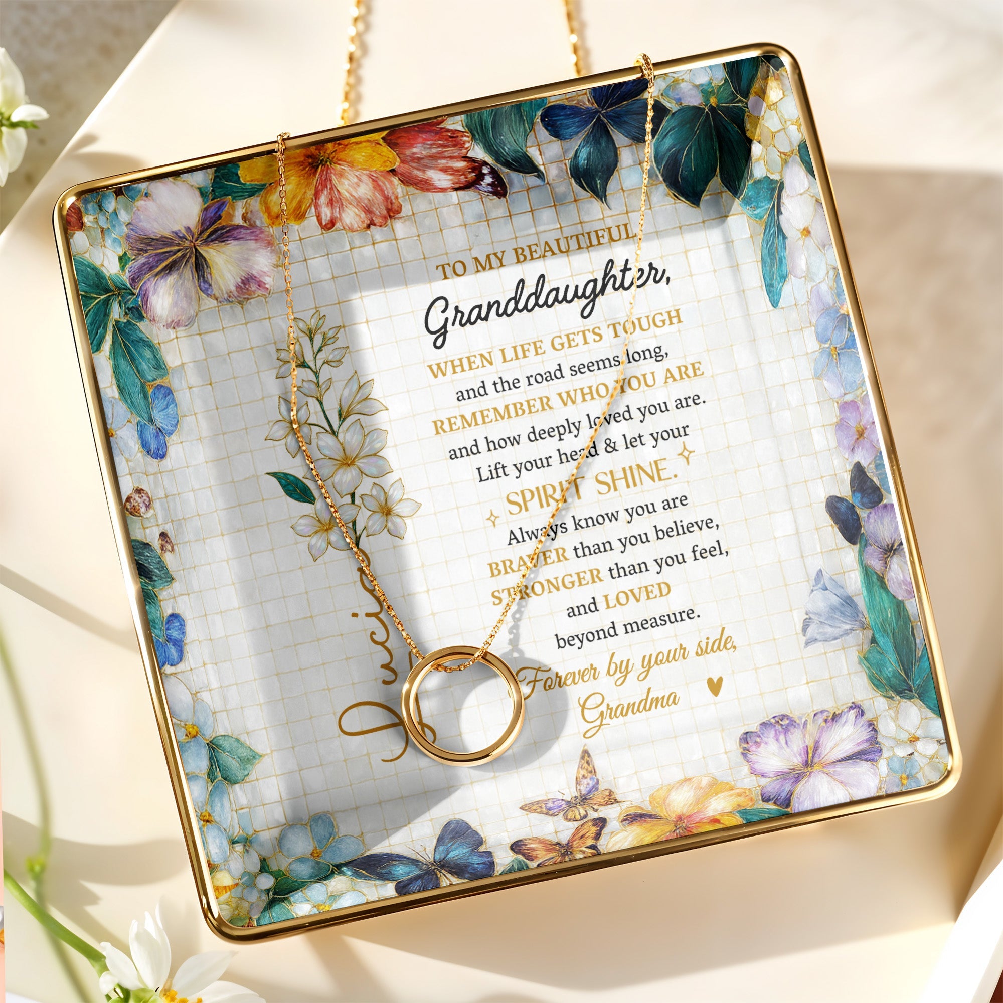 To My Beautiful Granddaughter, Flowers And Butterflies - Personalized Custom Jewelry Dish, Ceramic Dish, Square Shape - GDT102_SCRF