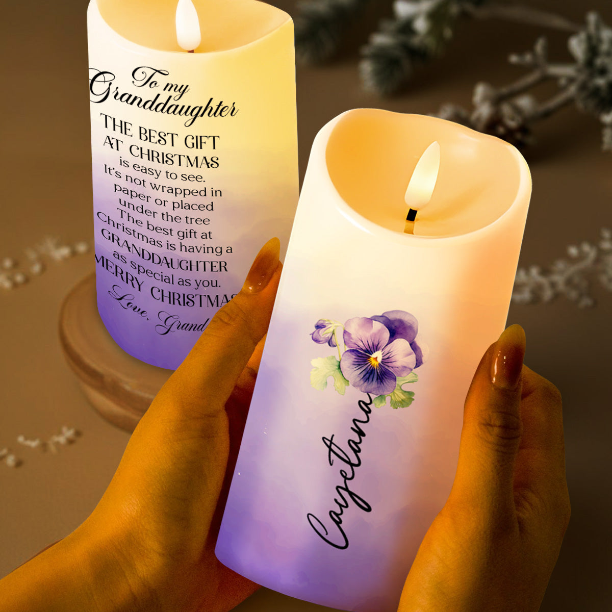 Special Christmas Gift For Granddaughter With Beautiful Flowers - Personalized Custom LED Candle - GDT107_LECA