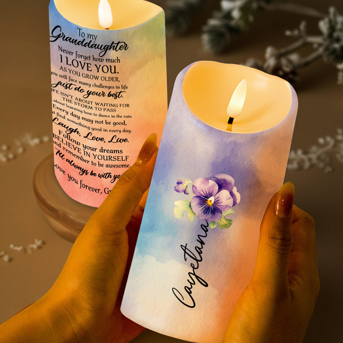 Inspirational Message For Granddaughter With Flowers - Personalized Custom LED Candle - GDT112_LECA