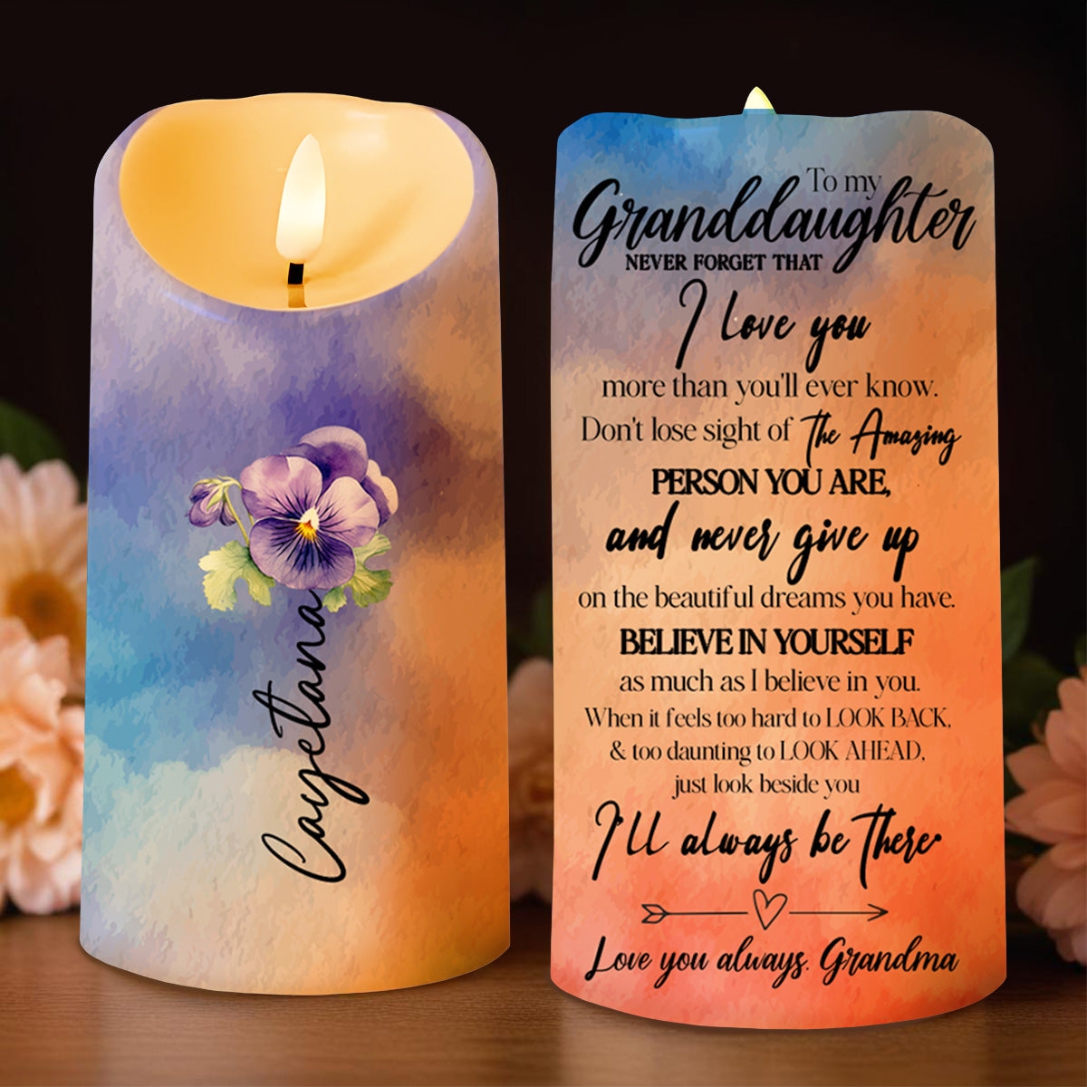 Believe In Yourself Supportive Bond With Violet Flowers - Personalized Custom LED Candle - GDT115_LECA