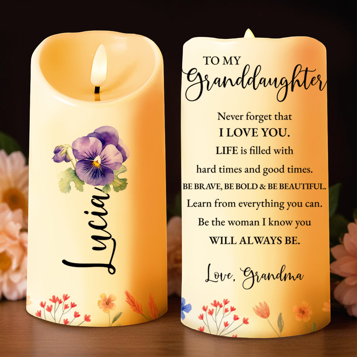 Brave Bold Beautiful Life Love Message With Flowers - Personalized Custom LED Candle - GDT126_LECA