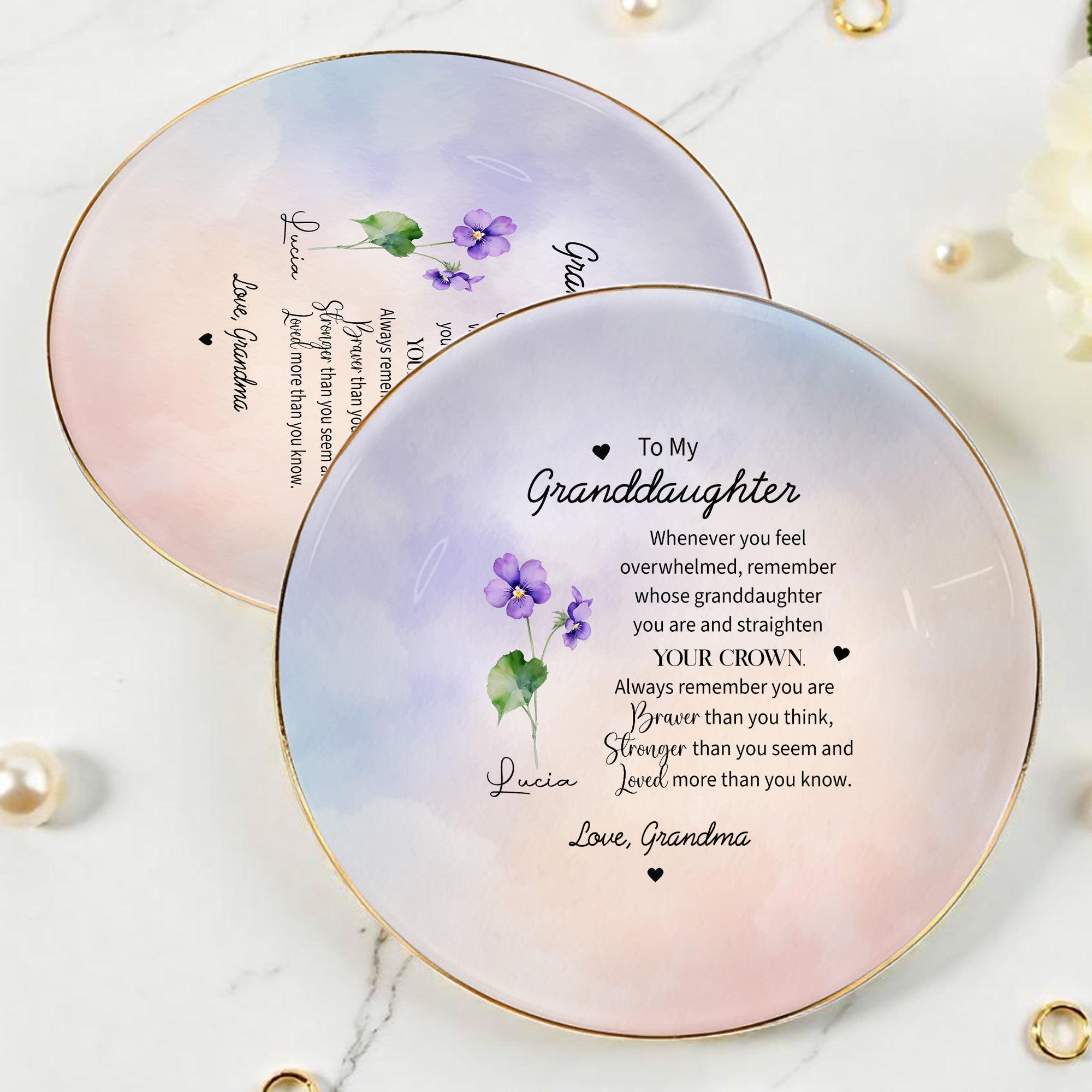 To My Granddaughter, Straighten Your Crown With Floral Design - Personalized Custom Jewelry Dish, Ceramic Dish, Round Shape - GDT127_RCRF
