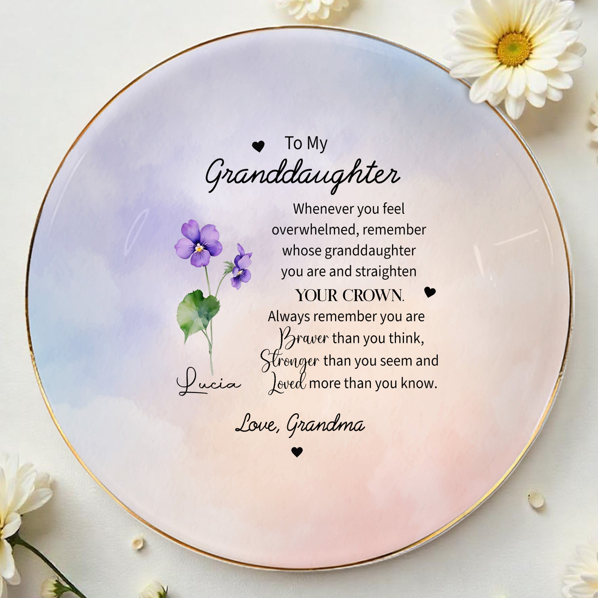 To My Granddaughter, Straighten Your Crown With Floral Design - Personalized Custom Jewelry Dish, Ceramic Dish, Round Shape - GDT127_RCRF