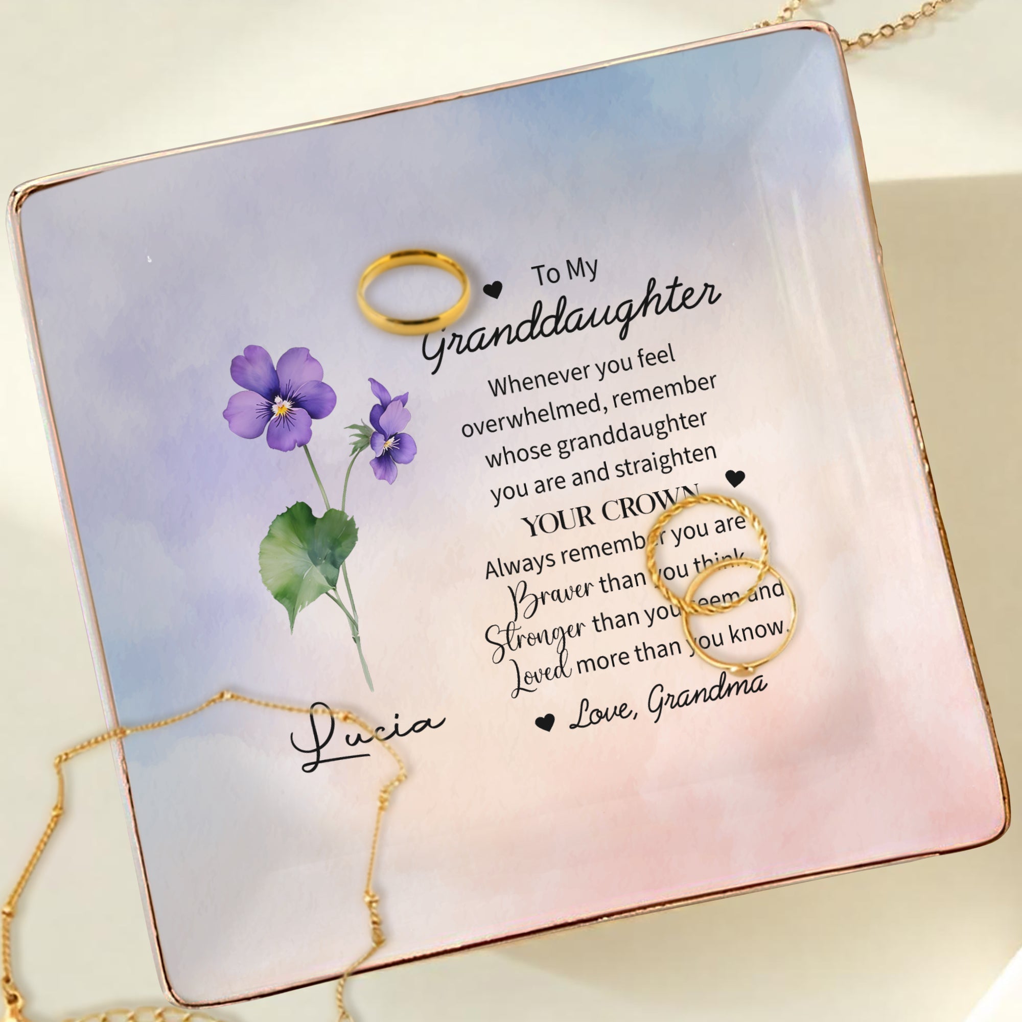 Granddaughter, Remember Your Crown, Braver, Stronger, Loved - Personalized Custom Jewelry Dish, Ceramic Dish, Square Shape - GDT127_SCRF