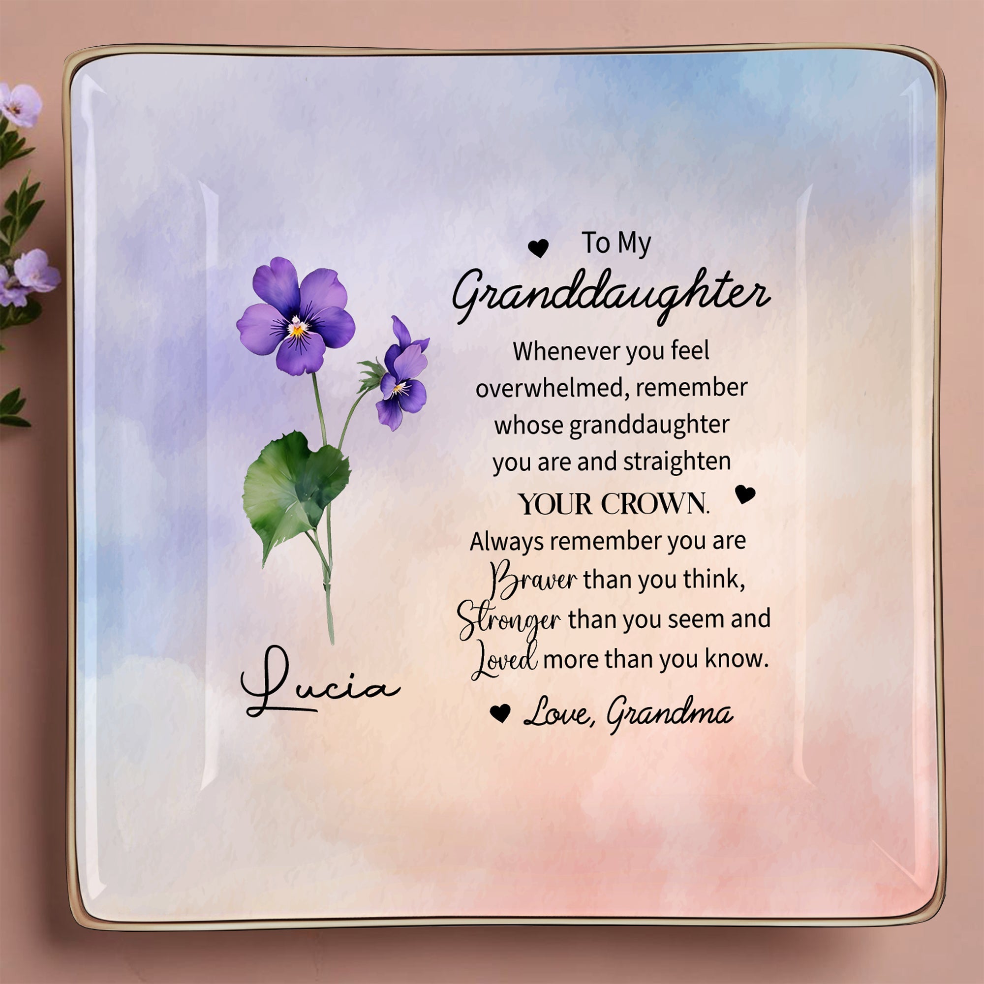 Granddaughter, Remember Your Crown, Braver, Stronger, Loved - Personalized Custom Jewelry Dish, Ceramic Dish, Square Shape - GDT127_SCRF