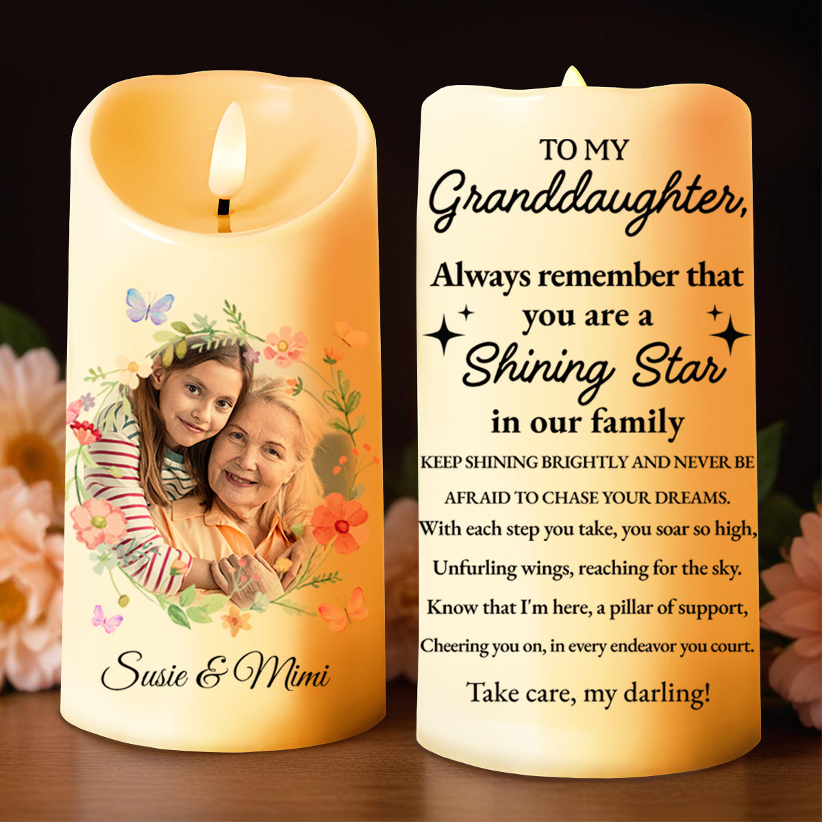 Shining Star Granddaughter Inspirational Message With Flowers And Butterflies - Personalized Custom LED Candle - GDT128_LECA