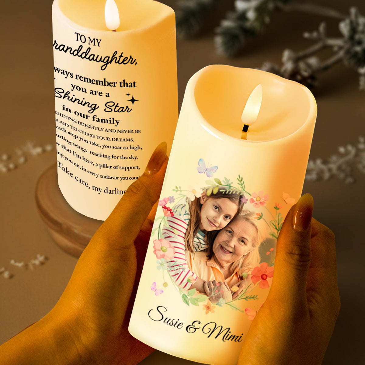 Shining Star Granddaughter Inspirational Message With Flowers And Butterflies - Personalized Custom LED Candle - GDT128_LECA