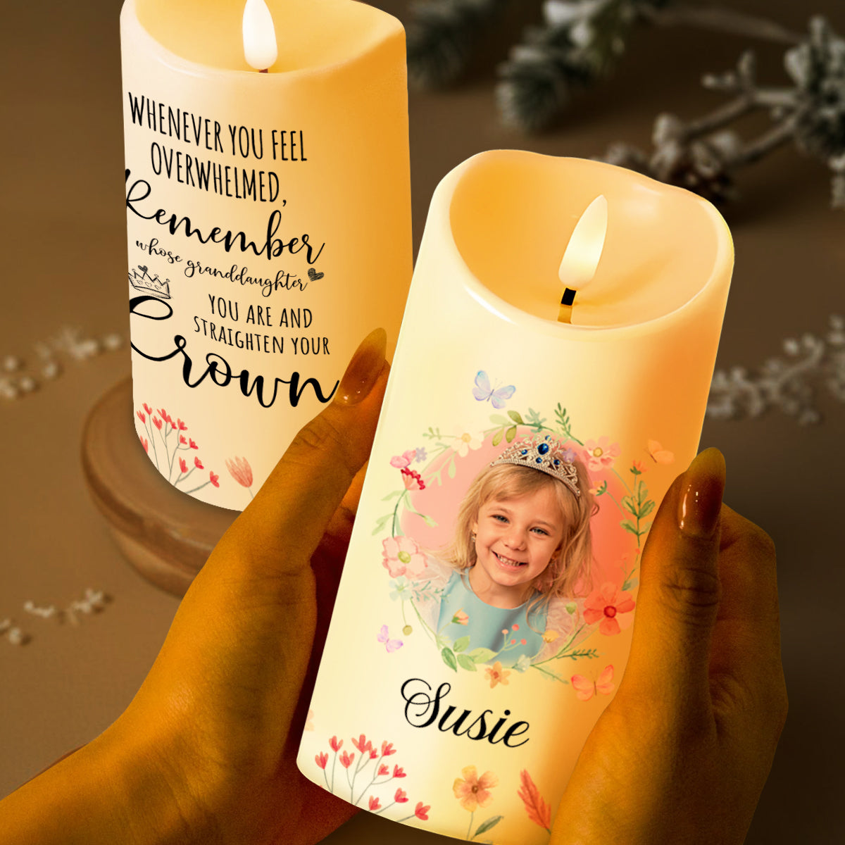 Straighten Your Crown, Floral Granddaughter Inspirational Quote - Personalized Custom LED Candle - GDT132_LECA