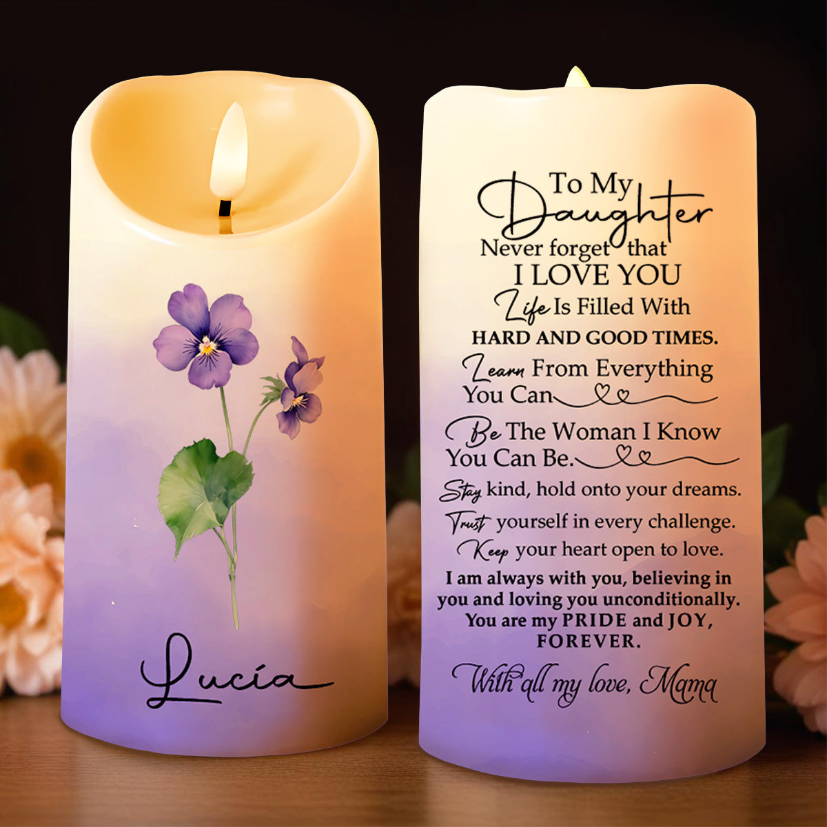 Never Forget That I Love You, Beautiful Floral Design - Personalized Custom LED Candle - GDT134_LECA