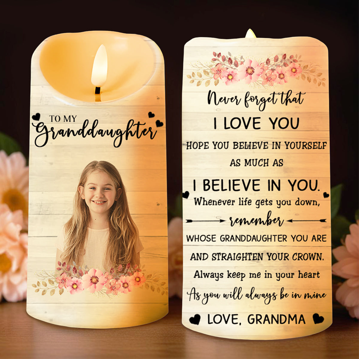 Granddaughter, Always In My Heart With Flowers - Personalized Custom LED Candle - GDT145_LECA