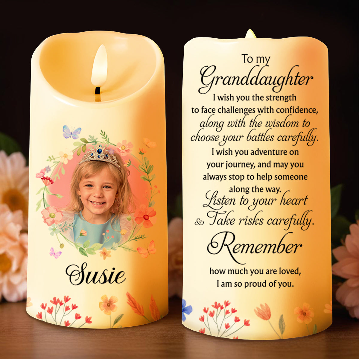 Listen To Your Heart, Flowers & Photo Frame Custom Candle - Personalized Custom LED Candle - GDT152_LECA