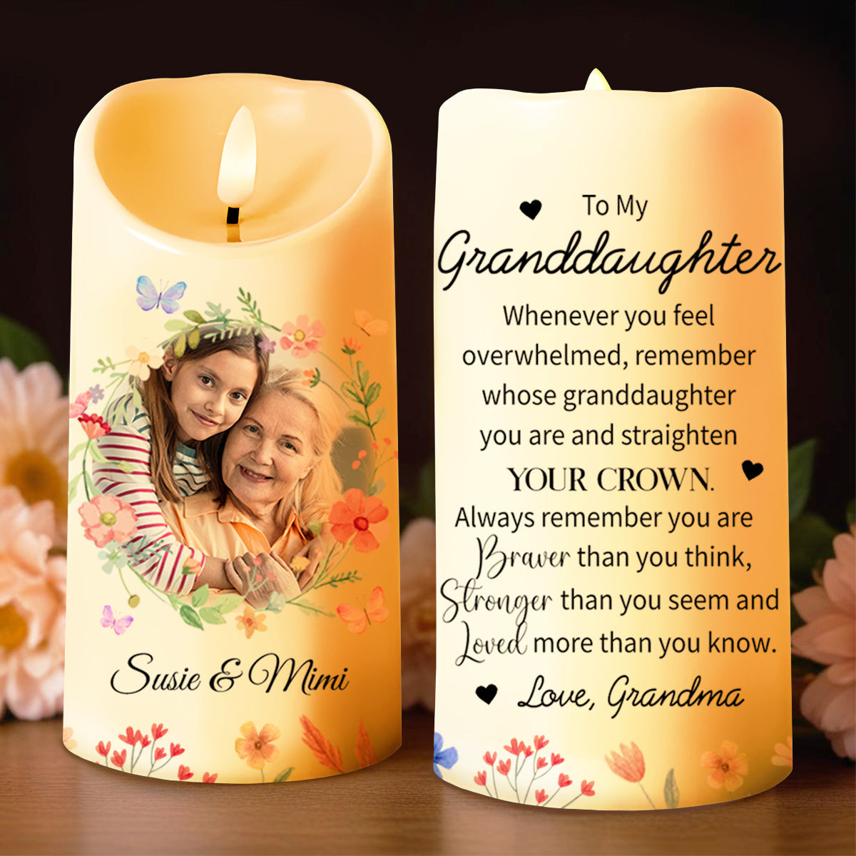 Granddaughter Crown Inspirational Quote With Grandmother And Flowers - Personalized Custom LED Candle - GDT167_LECA