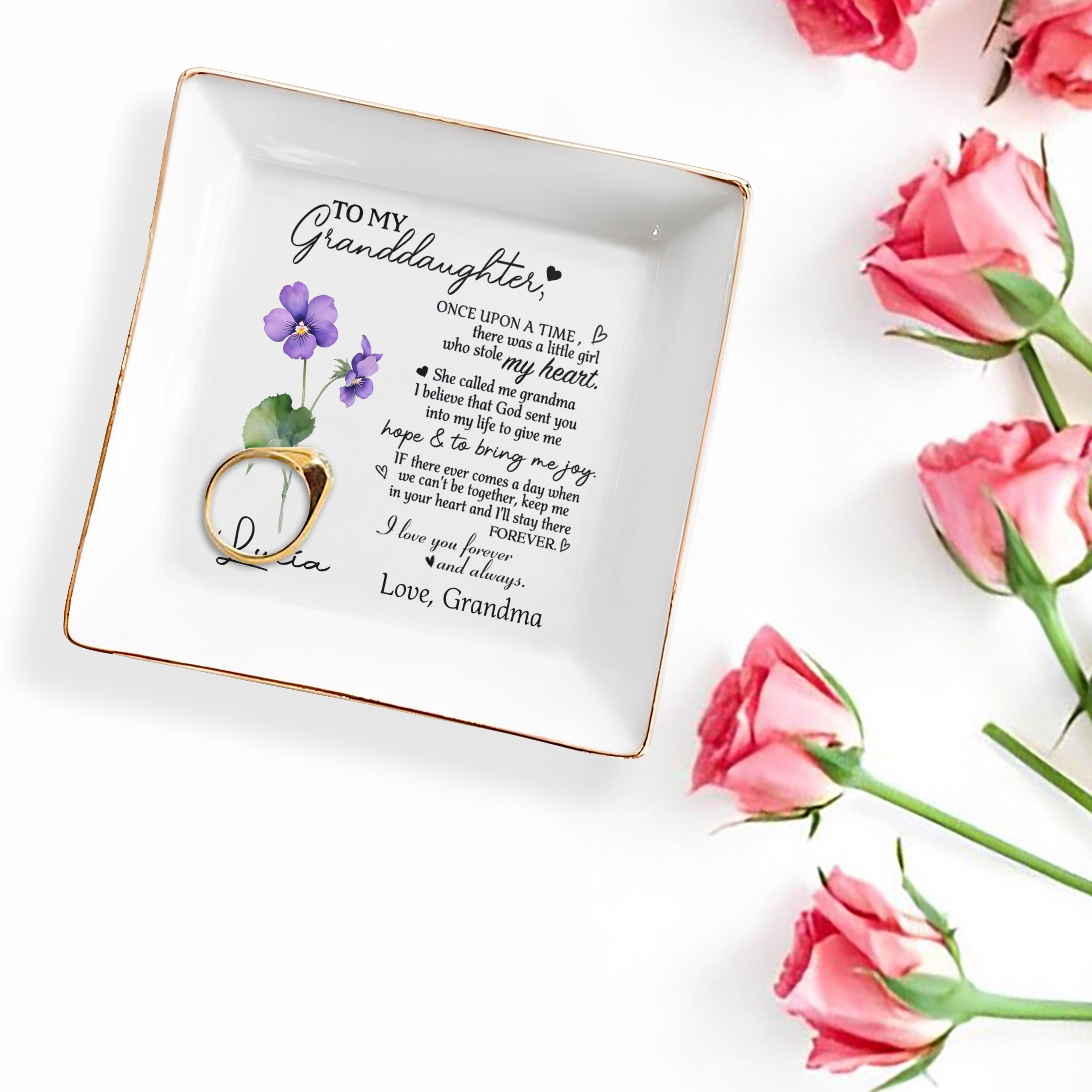 Granddaughter Stole My Heart Sentimental Quotes With Flowers - Personalized Custom Jewelry Dish - GDT168_SCRD