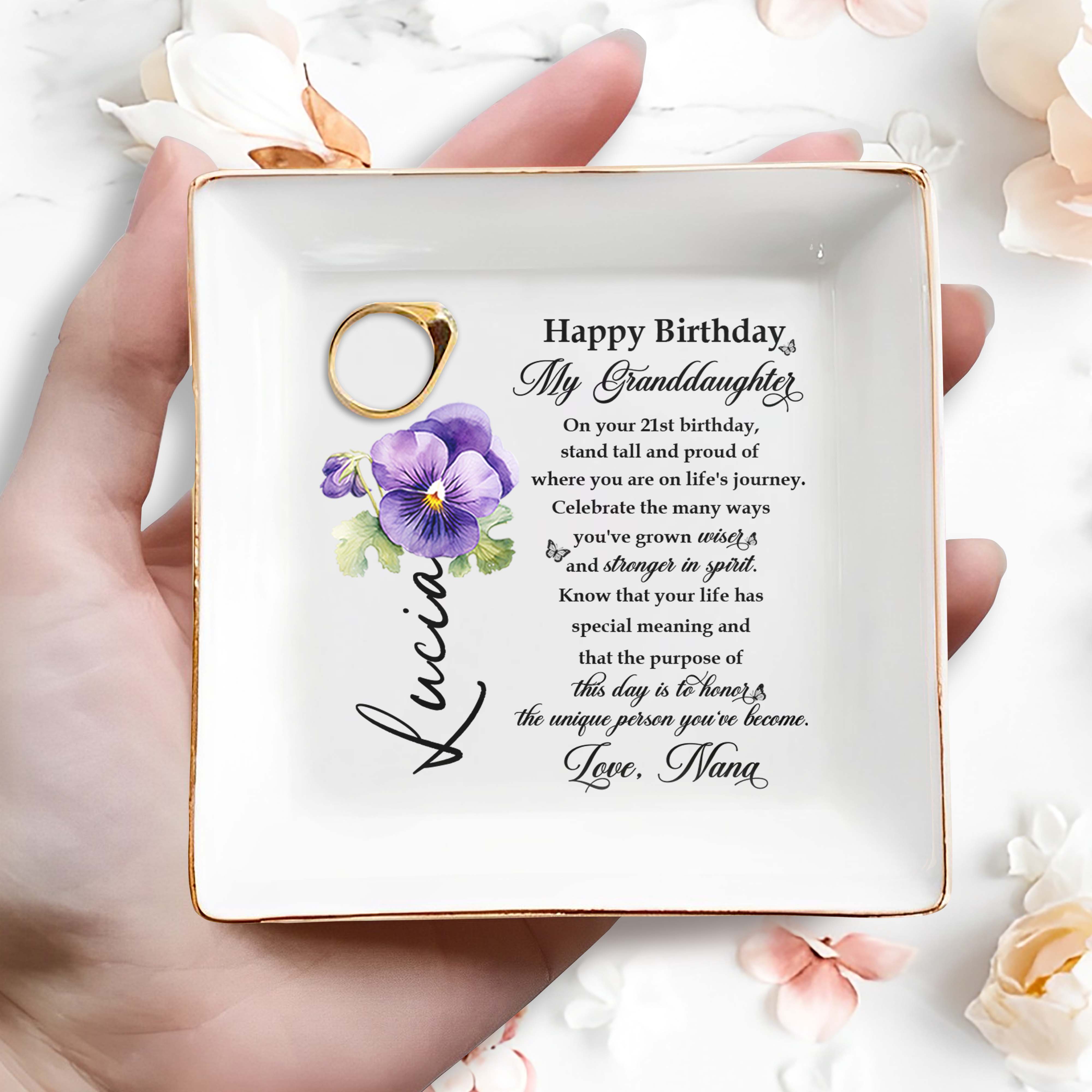 Celebrate Your Journey Wisdom And Strength Pansy Flower - Personalized Custom Jewelry Dish - GDT169_SCRD