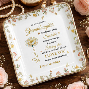 To My Beautiful Granddaughter Shining Star Love Message Flowers - Personalized Custom Jewelry Dish, Ceramic Dish, Square Shape - GDT187_SCRF