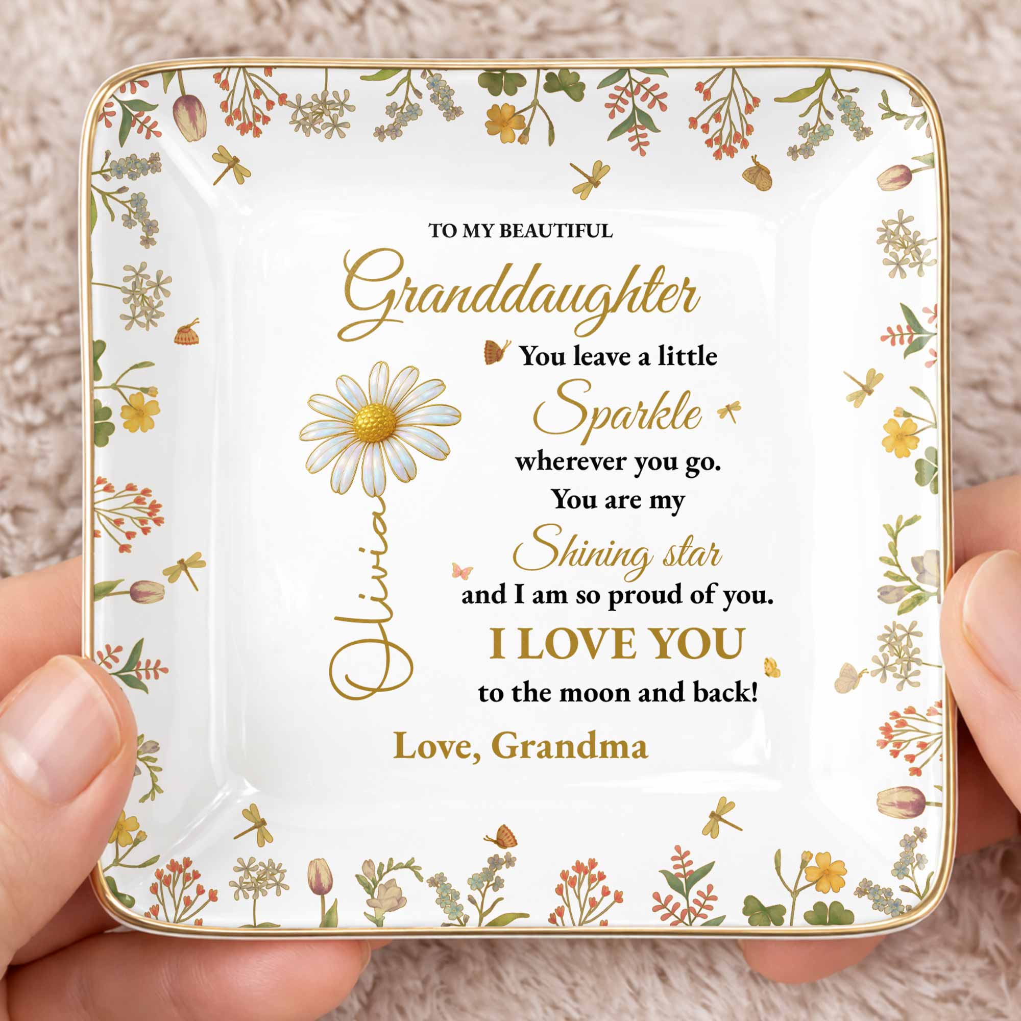 To My Beautiful Granddaughter Shining Star Love Message Flowers - Personalized Custom Jewelry Dish, Ceramic Dish, Square Shape - GDT187_SCRF