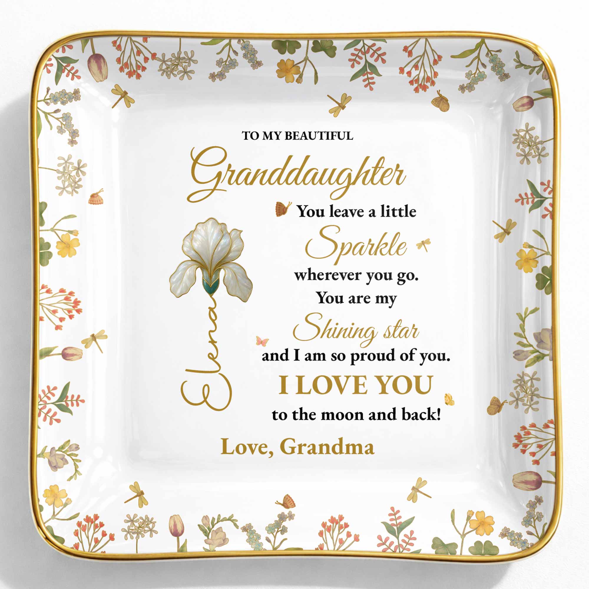 To My Beautiful Granddaughter Shining Star Love Message Flowers - Personalized Custom Jewelry Dish, Ceramic Dish, Square Shape - GDT187_SCRF