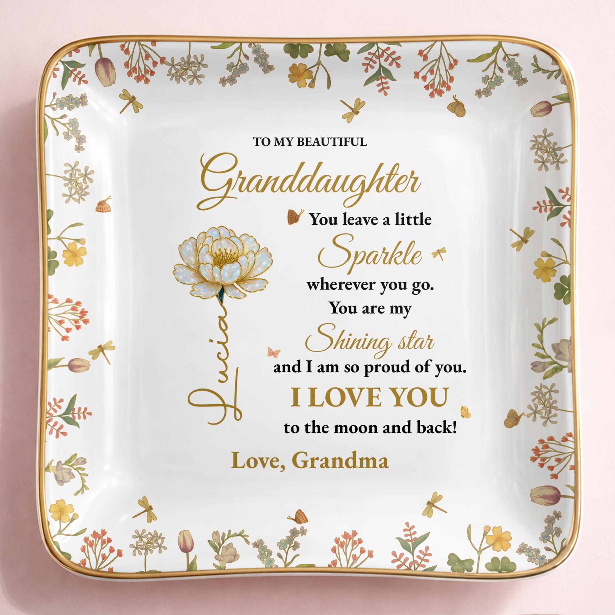 To My Beautiful Granddaughter Shining Star Love Message Flowers - Personalized Custom Jewelry Dish, Ceramic Dish, Square Shape - GDT187_SCRF
