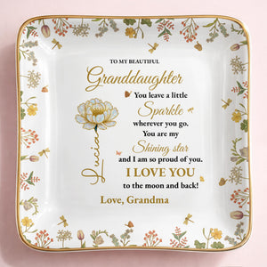 To My Beautiful Granddaughter Shining Star Love Message Flowers - Personalized Custom Jewelry Dish, Ceramic Dish, Square Shape - GDT187_SCRF