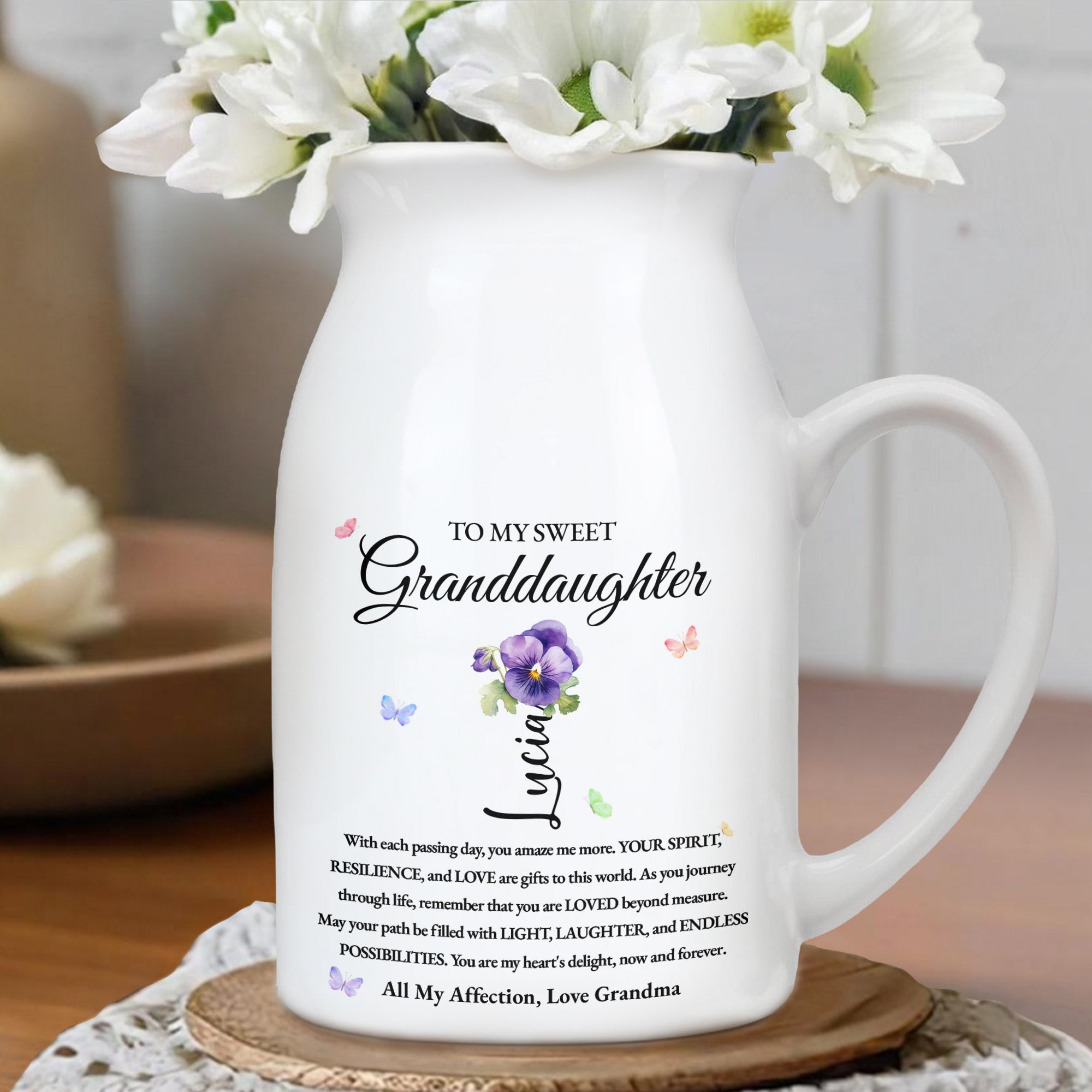 To My Sweet Granddaughter Love and Encouragement Ceramic Vase - Personalized Ceramic Flower Vase
