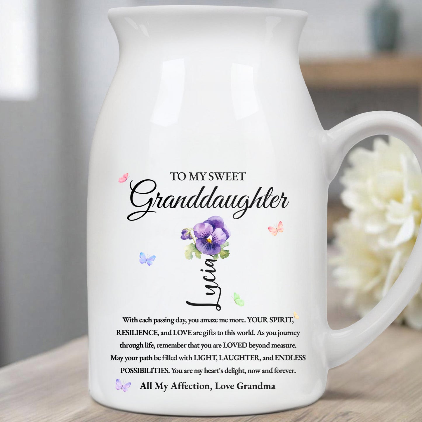 To My Sweet Granddaughter Love and Encouragement Ceramic Vase - Personalized Ceramic Flower Vase