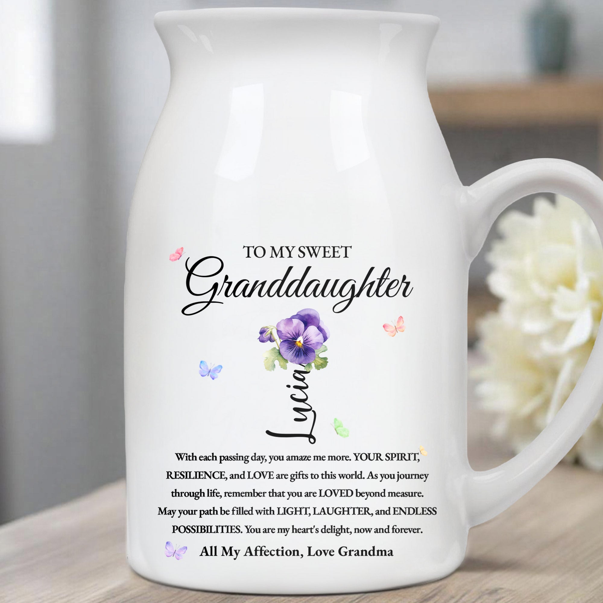 To My Sweet Granddaughter Love and Encouragement Ceramic Vase - Personalized Ceramic Flower Vase