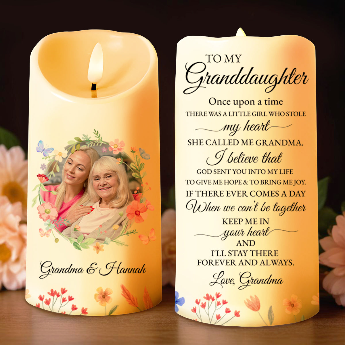 Love Message To Granddaughter Surrounding Flowers - Personalized Custom LED Candle - GDT193_LECA