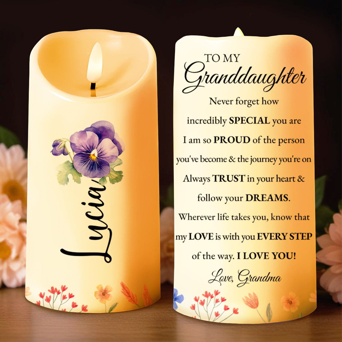 Follow Your Dreams Trust Your Heart Message With Pansy Flowers - Personalized Custom LED Candle - GDT208_LECA