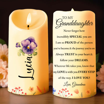 Follow Your Dreams Trust Your Heart Message With Pansy Flowers - Personalized Custom LED Candle - GDT208_LECA