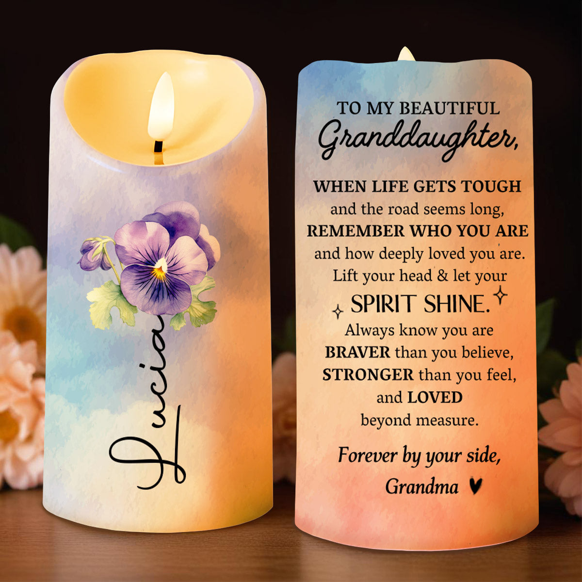 Spirit Shine Floral Design For Beloved Granddaughter - Personalized Custom LED Candle - GDT209_LECA
