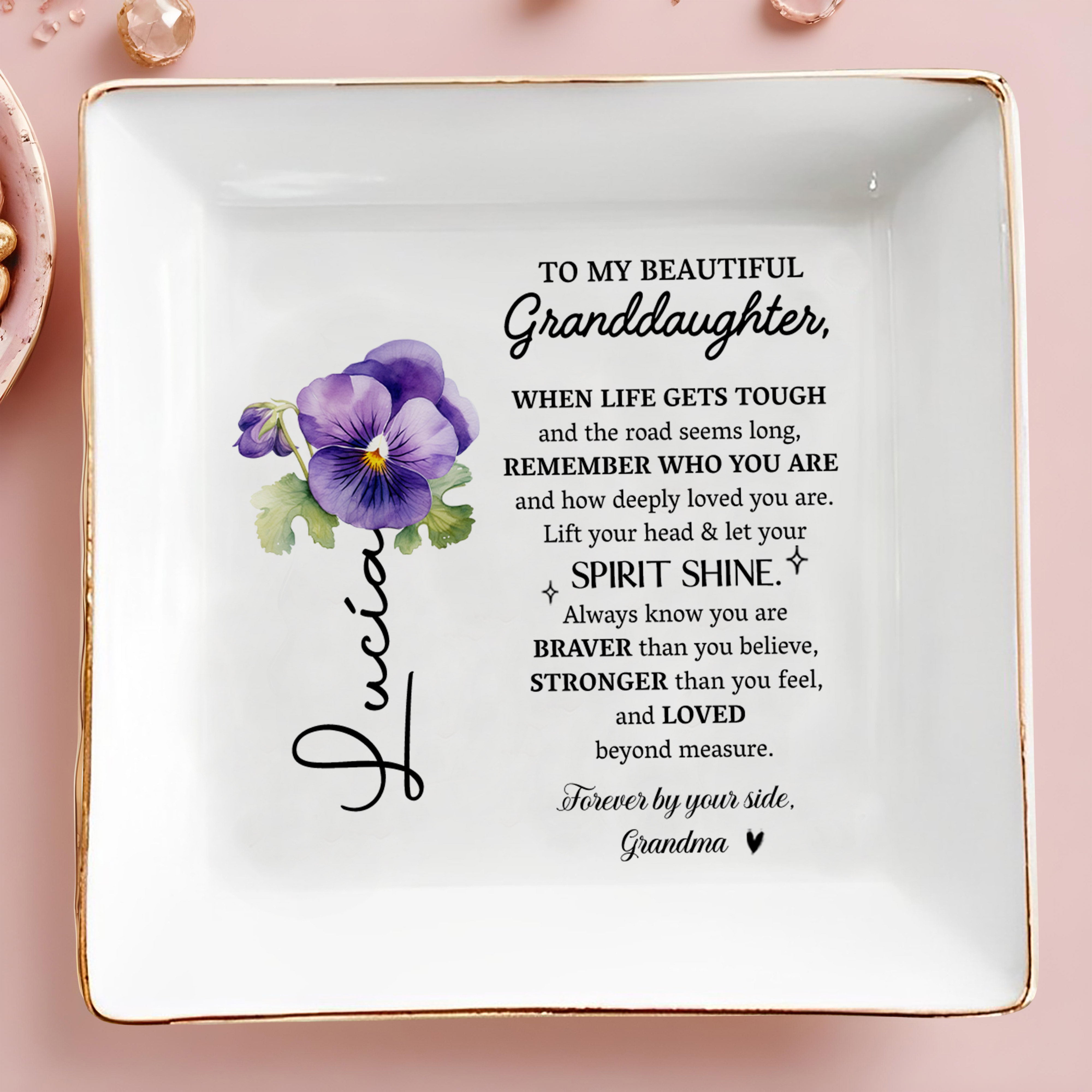 Beautiful Message For Granddaughter With Pansy Flower Design - Personalized Custom Jewelry Dish - GDT209_SCRD